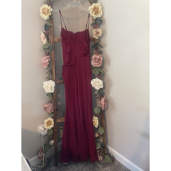 Burgundy Spaghetti Strap Ruched Evening Gown - Picture 6 of 6